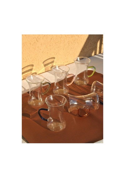 6 Adet Cam Çok Renkli Kulplu Çay Bardağı 150 Ml Kulplu Çay Bardak