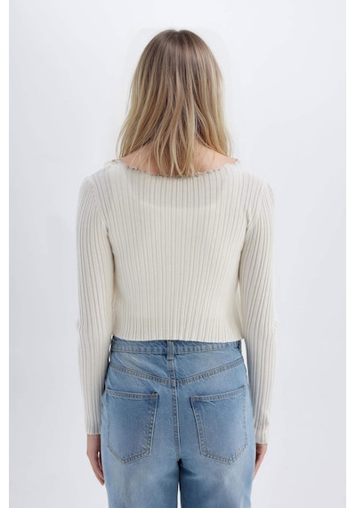 Defacto Regular Fit Crop Düğmeli V Yaka Triko Hırka A2076AX24SP Ekru