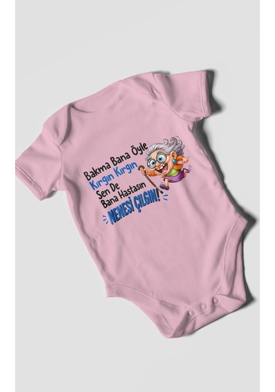 Morivokids Bakma Bana Öyle Yazılı Kısa Kollu Bebek Body %100 Pamuk Koyu Pembe