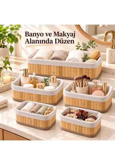 Bambu Düzenleyici Sepet Seti, Kumaş Astarlı, 5'li Set