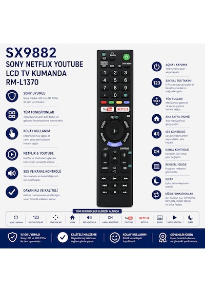 Sony Sx9882 Rm-l1370 Lcd Led Tv Kumandası