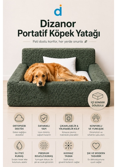 Dizanor Softnest 3 Parça Modüler Sünger Köpek Yatağı Ve Yastık Seti Haki Orta Boy