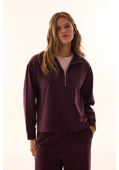 Penti Bordo Yarım Fermuarlı Çizgili Polo Yaka Sweatshirt