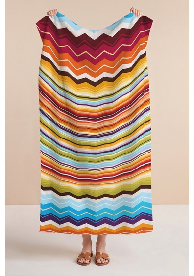 Renkli Geometrik Zigzag Çizgili Plaj Havlusu - Modern Turuncu Mavi Hızlı Kuruyan Mikrofiber Havlu Puslu Şafak