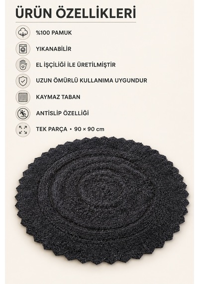 Alanur Bodrum Tufting Cotton Pamuklu El Işi Örgülü 90 X 90 Cm Paspas 110 Siyah