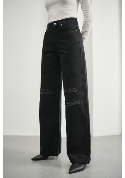 HLT Jeans Kadın Siyah Yırtıklı Wide Leg Yüksek Bel %100 Pamuk Jean Kot Pantolon Jessica-2038