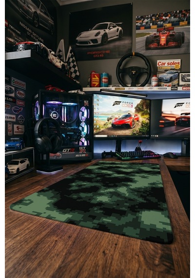 Dijital Kamuflaj Gaming Mousepad Xxl 90x40 Cm Kaymaz Taban Dikişli Kenar Yeşil Oyuncu Mousepad
