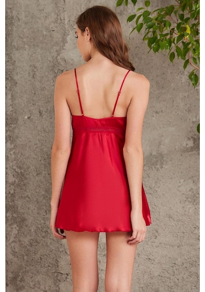 Pierre Cardin 7025 Kadın Kırmızı 4'lü Saten Takım Gelin Set Kırmızı