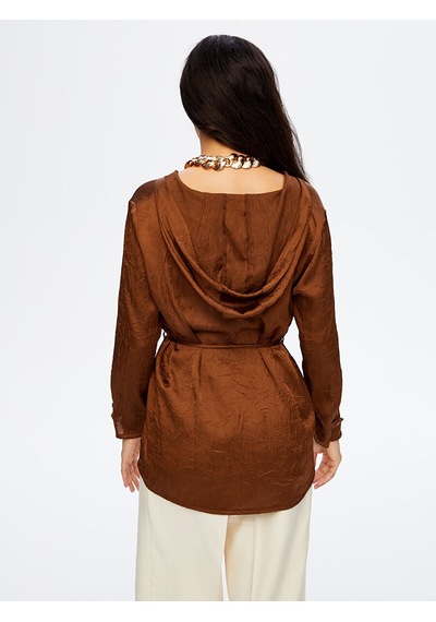 Faik Sönmez Beli Kuşaklı Kapüşonlu Krinkıl Saten Tunik W26tnk016 Uw26tnk01630 Kahve