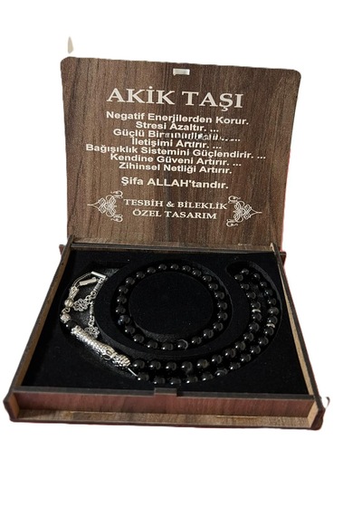 Akik Taşı Tesbih & Bileklik Seti Özel Tasarım Siyah 88300041