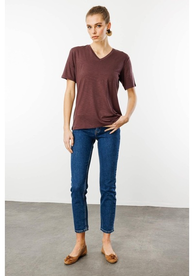 Kadın V Yaka Flamlı Kumaş Basic Tshirt Kahve Kahve