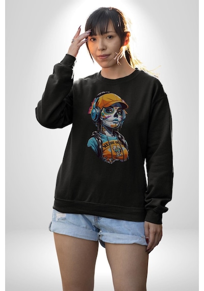 Robot Kız Müzik Kulaklık Şapka Unisex Siyah Baskılı Sweatshirt Siyah