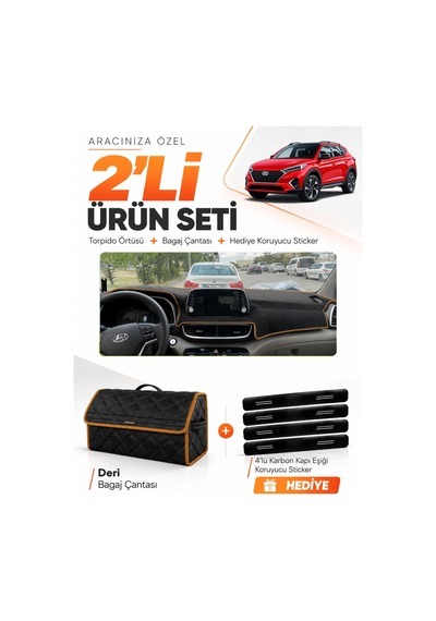 Hyundai Tucson 2018-2021 Uyumlu Torpido Örtüsü + Deri Bagaj Çantası + Sticker - Siyah Kahverengi