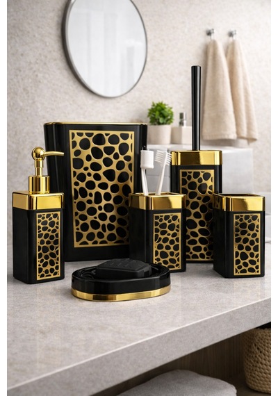 Arvale Pleksi Gold Detaylı 5 Li Banyo Aksesuar Seti Siyah
