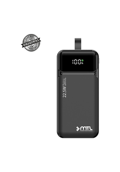 30000 Mah 22.5w Turbo Şarj Dahili Kablolu Dijital Led Göstergeli Pd Ve Qc 3.0 Powerbank Mt4330 Siyah