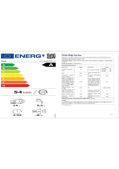 Haier Xf XF 4A4M4BX-17 10 Programlı 14 Kişilik Wi-fi Bağlantılı Bulaşık Makinesi