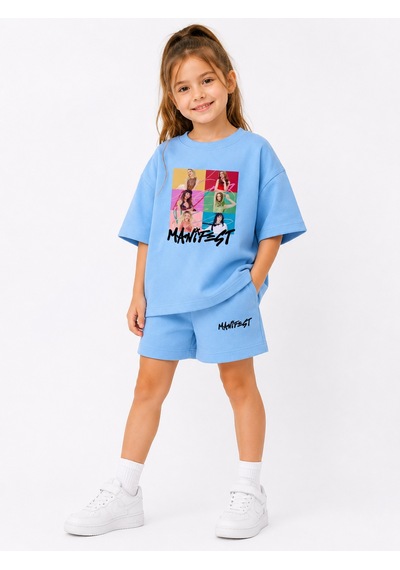 Fasardi Manifest Girls M6nifestgirls Baskılı Oversize Pamuk Tişört Şort 2'li Çocuk Takım Mavi