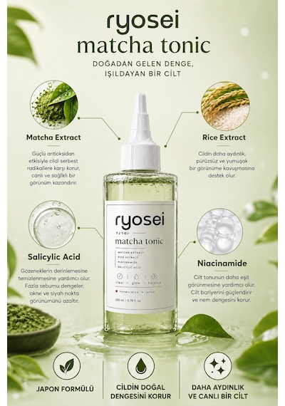 Ryosei Matcha Yüz Toniği 200 Ml Matcha & Pirinç Özlü Niacinamide + Salisilik Asit Japon Formüllü