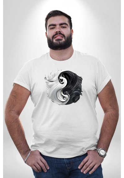 Angemiel Beyaz Beyaz Ying Yang Beyaz Büyük Beden Kadın Erkek Ünisex Basic Ön Baskılı Tişört Beyaz