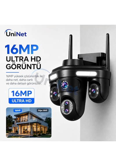 Uninet 4 Kameralı 3 Kamerası 355 Derece Dönebilen Biri Sabit Olan Wifi Güvenlik Sistemi Gece Görüşü, Çift Yönlü Ses Ve Uzaktan Izleme Özellikli Ip Ptz Kamera