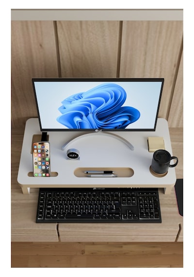 Ergonomik Mdf Monitör Standı Ekran Yükseltici Masaüstü Düzenleyici Organizer Telefon-bardak Bölmeli