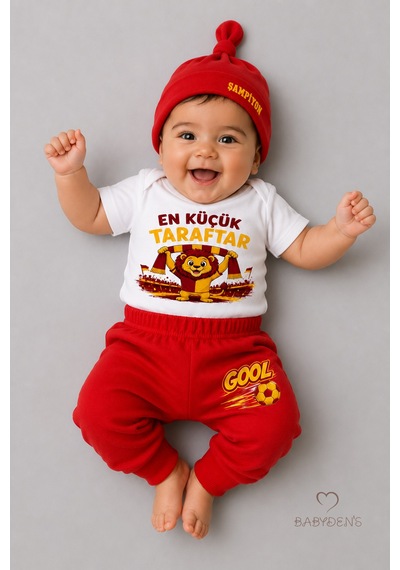 Babyden's %100 Pamuk Sarı Kırmızı En Küçük Taraftar Bebek Takımı 3'lü Kısa Kol Body,pantolon Ve Şapkalı Yenidoğan Seti 0-9 Ay Beyaz - Kırmızı