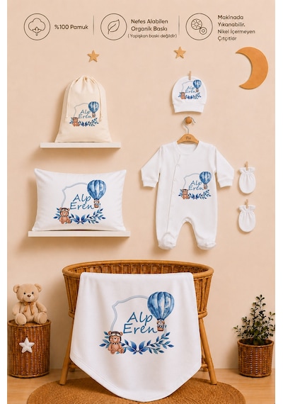 Pia Baby Erkek Bebek Hastane Çıkışı 6 Parça %100 Pamuk İsme Özel Kese Hediyeli Tulum Şapka Eldiven Seti 1009tybkyx Krem