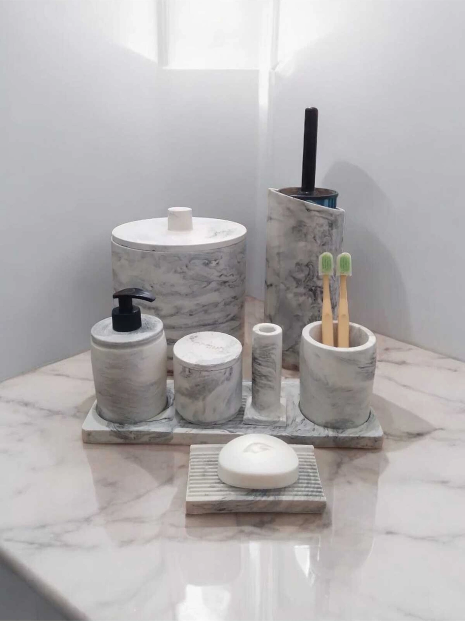 Mermer Desenli Tam Beton Banyo Seti Tuvalet Wc Sıvı Sabunluk Diş Fırçalığı Aksesuar Takım Gri