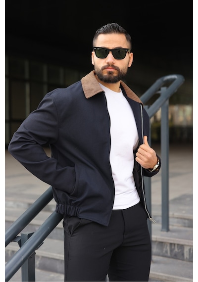 Kadife Yakalı Trucker Model Ceket Lacivert