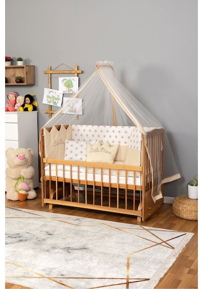 Ahşap Beşik Anne Yanı Beşik Vernikli 60x120 - Krem Nakış Erkek Uyku Seti + Yatak Ahşap