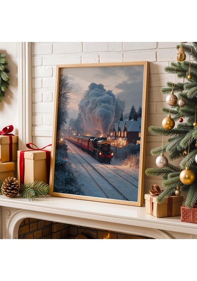 Vintage Noel Duvar Sanatı, Kış Buharlı Tren Tatil Posteri
