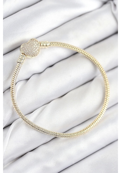 Pirinç Charm Zirkon Taşlı Kalp Model Gold Renk Kadın Bileklik Çok Renkli