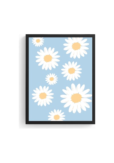 Doğal Ahşap Çerçeveli Retro Tablo - Sarı Daisy Çiçekli Duvar Dekoru Huhu2620