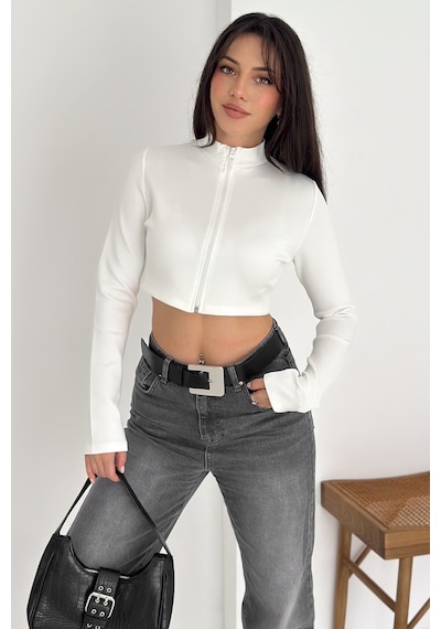 Kadın Fermuarlı Crop Ceket Dinamik & Modern Stil Beyaz