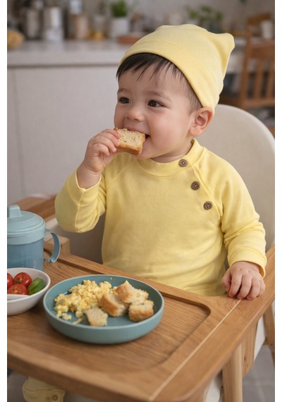 Babyhola Kız Erkek Bebek Tulum Bere Takım Pamuk Yaka Düğmeli İnterlok Reglan Kol 583 Sarı