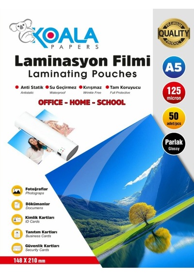 Laminasyon Filmi A5 Ultra Parlak 125 Micron 50 Adet Dayanıklı Kaplama
