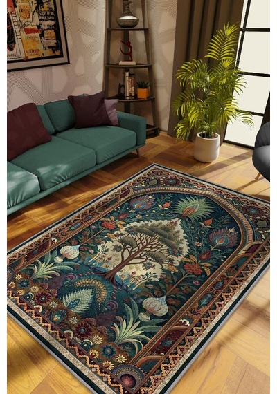 Homshtag Art Deco Etnik Bitki Vintage Halı Görünümlü Dijital Baskı Yeşil Renk Rustik Çiçekli Halı Çok Renkli