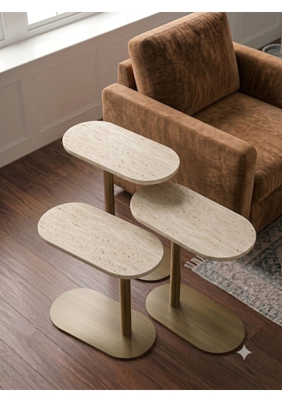 Traverten Renk Üst Tabla , Cappicino Renk Metal Ayaklı 3'lü Zigon Sehpa Seti Salon /koltuk Altı Sehpa Yan Sehpa - C Sehba Modern Sehba Cappuccino - Traverten
