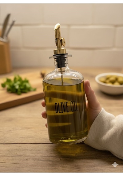 Qerhome 2'li Gold Başlıklı Şeffaf Cam Yağdanlık Seti 500 Ml+500 Ml Oliva Glass Beyaz