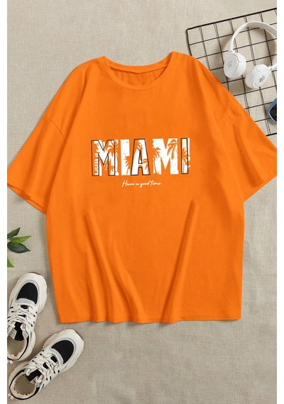 Unisex Miami Baskılı Oversize Tshirt Turuncu