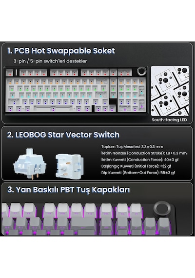 Aula F99 Pro 3 Modlu Rgb Hot Swap Mekanik Nimbus V3 Switch Kablosuz Makrolu Klavye Gradyan Gri