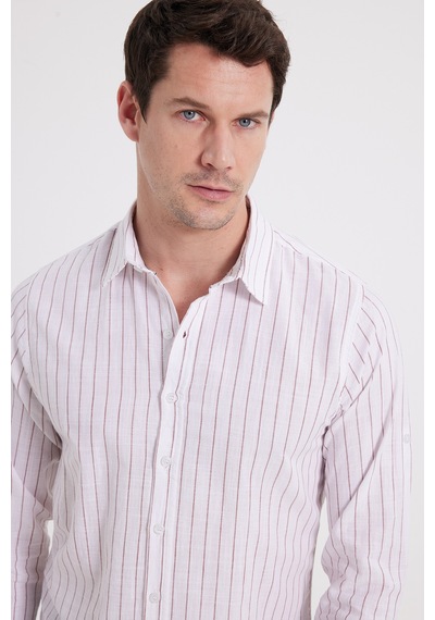 Tudors Erkek Slim Fit Dar Kesim Uzun Kollu %100 Pamuk Keten Doku Çizgili Gömlek-42652 Beyaz