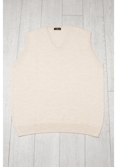 Woolen World V Yaka Battal Büyük Boy Yünlü Kolsuz Triko Süveter Krem