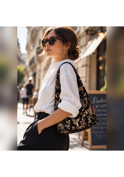 Sellhubx Desenli Denim Kumaş Kadın Hobo Omuz Çantası, Tek Saplı Hobo Model Şal Desenli Lacivert