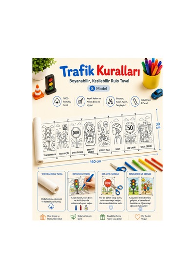 Boyanabilir Kesilebilir Rulo Tuval Trafik Kuralları 8 Model Çocuk Boyama Seti 160x30 Cm