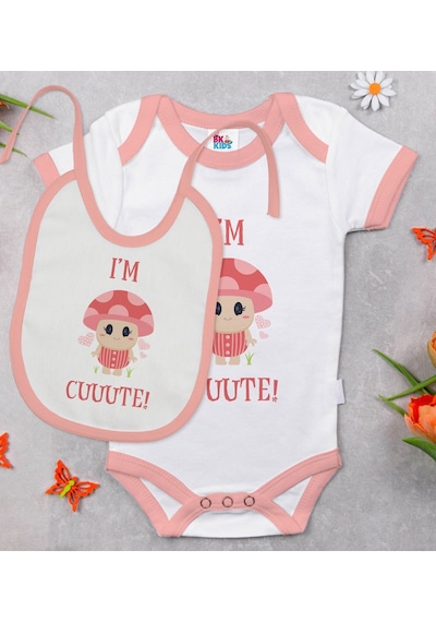 Bk Kids I'm Cute Tasarımlı Pembe Bebek Body Zıbın Ve Mama Önlüğü Hediye Seti-1 Çok Renkli