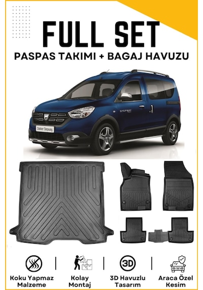 Dacia Dokker 2014-2015-2016-2017-2018-2019-2020 Model Birebir Uyumlu Bagaj Havuzu+paspas Seti