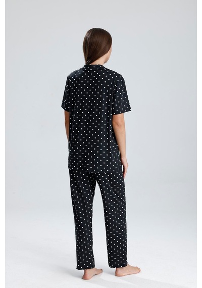 Kompedan Kadın Puantiye Desen Önden Düğmeli Pijama Takım Siyah P. Siyah