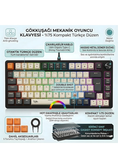 Mekanik Rgb Gaming Kablolu Klavye Mavi Switch Metal Knob Kontrollü Türkçe Q Layout Hot Swap Kompakt Gaming Type-c Kablo Eva Süngerli Gasket Mekanik Örgü Kablolu Oyuncu Klavyesi
