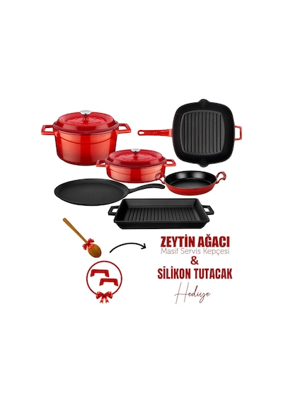 Lava Döküm 6x Trendy Serisi 8 Parça Tencere & Tava Seti Kırmızı